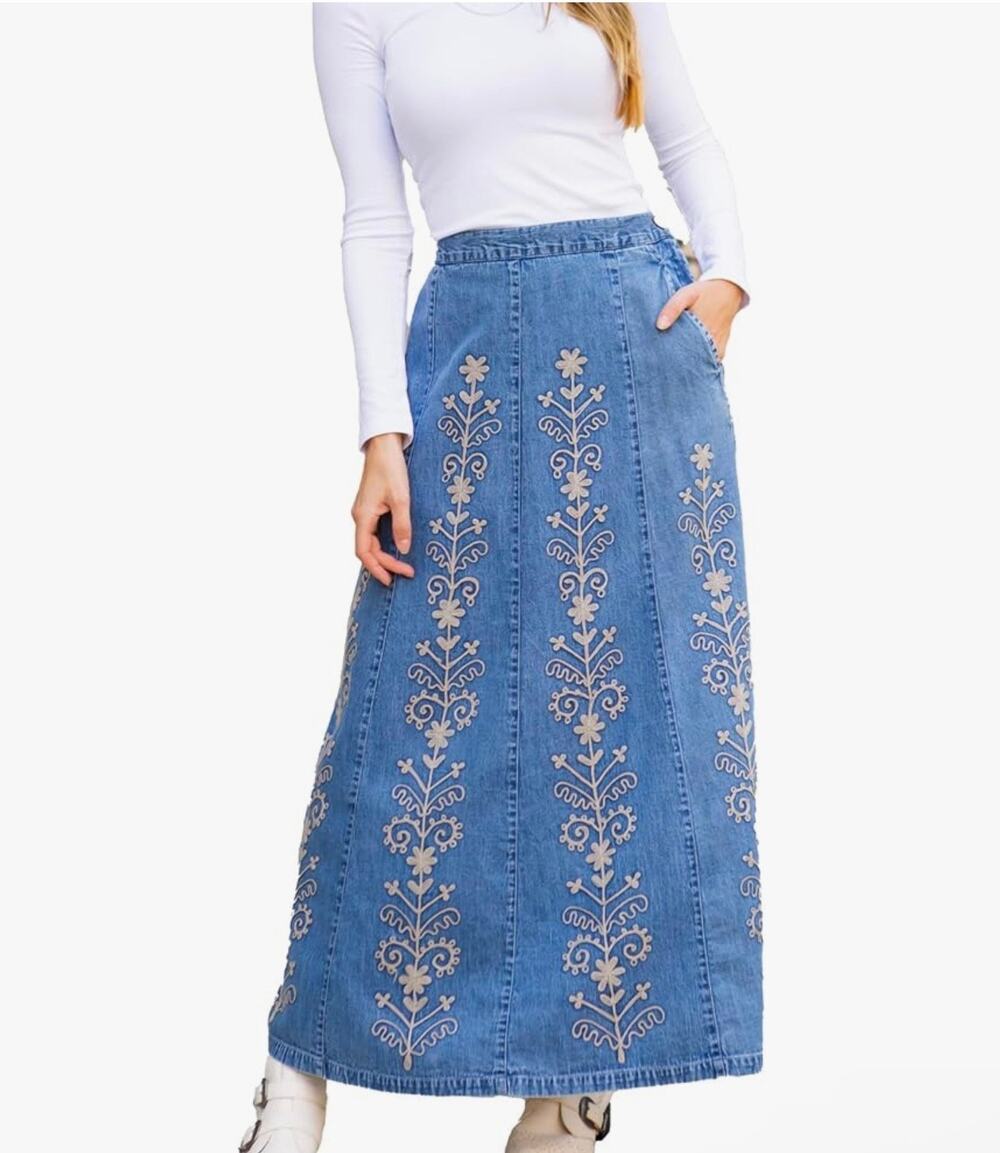 NWT Young Threads Boho Embroidered Denim Maxi Skirt Elastic Waist Long